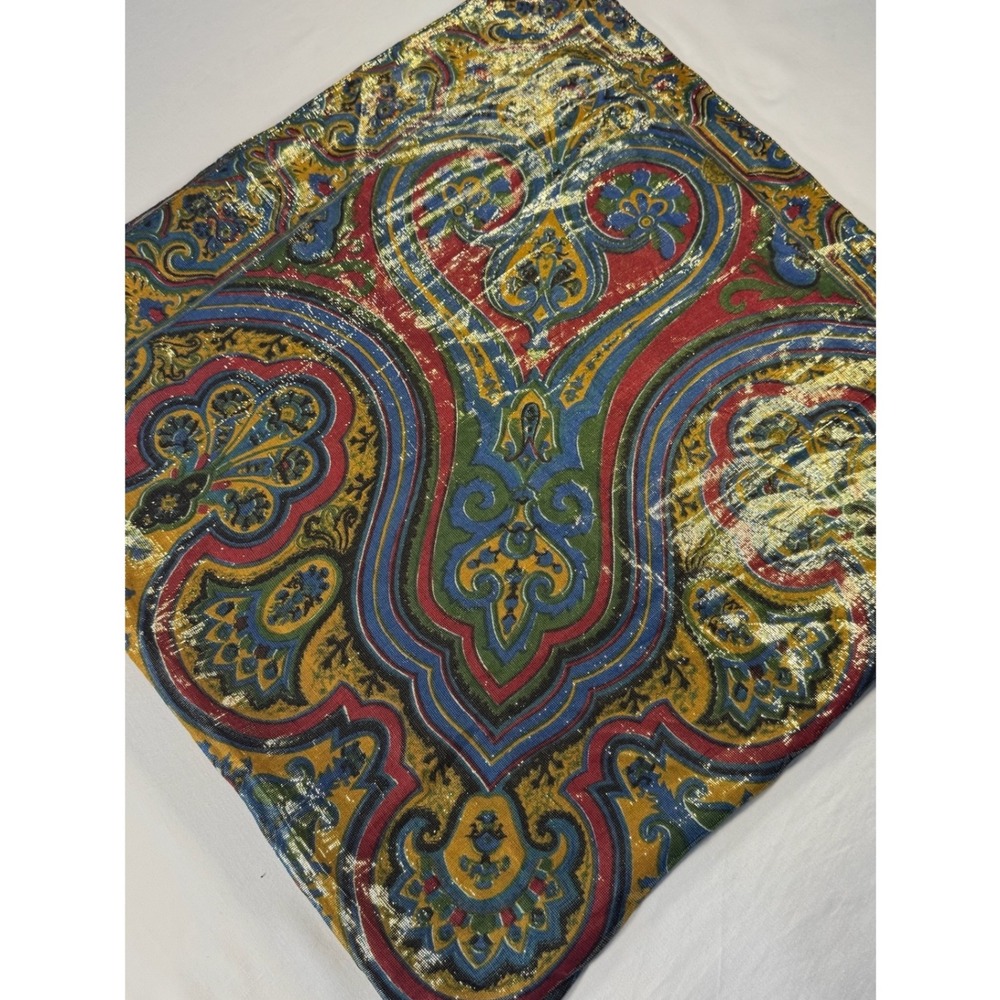 Vintage Metallic Gold Paisley Scarf Blue Red Green Lurex Square Head Wrap 28x28